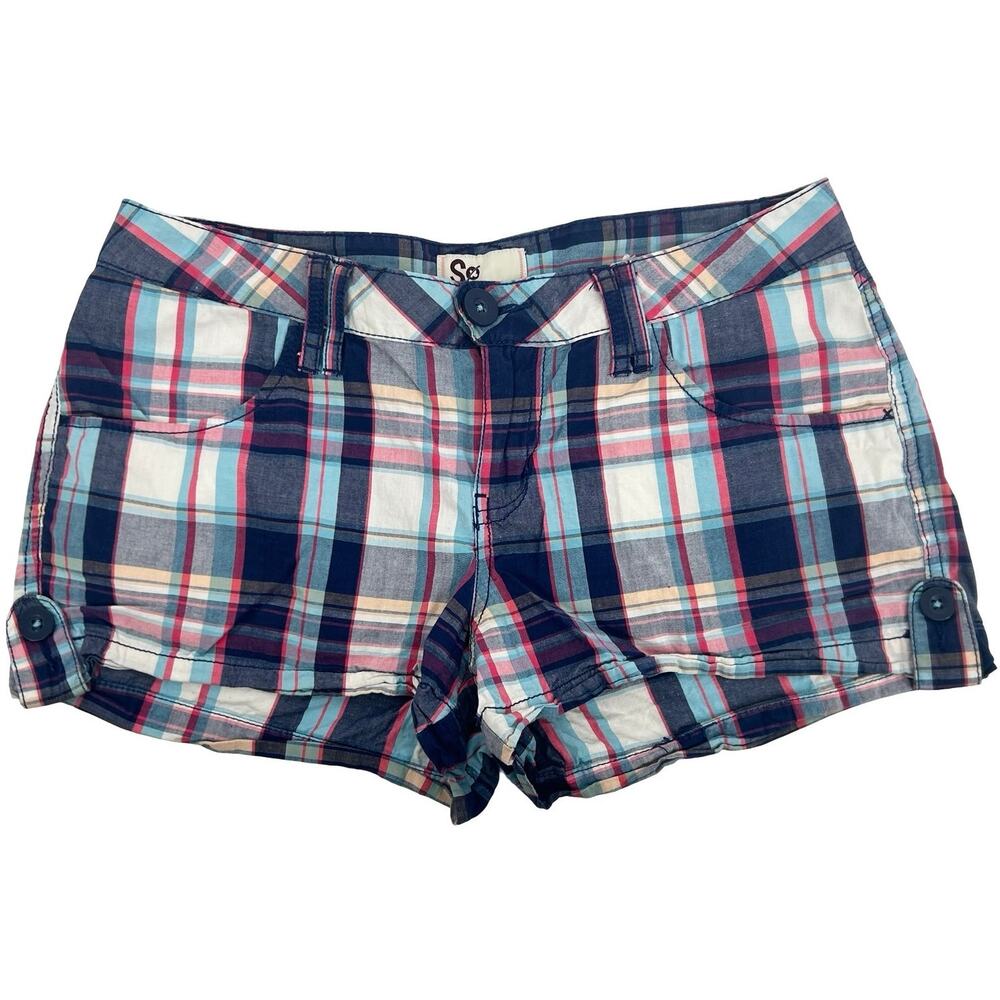 VTG y2k Women's Low Rise Blue Red White Plaid SO Mini Micro Cheeky Shorts Sz 7